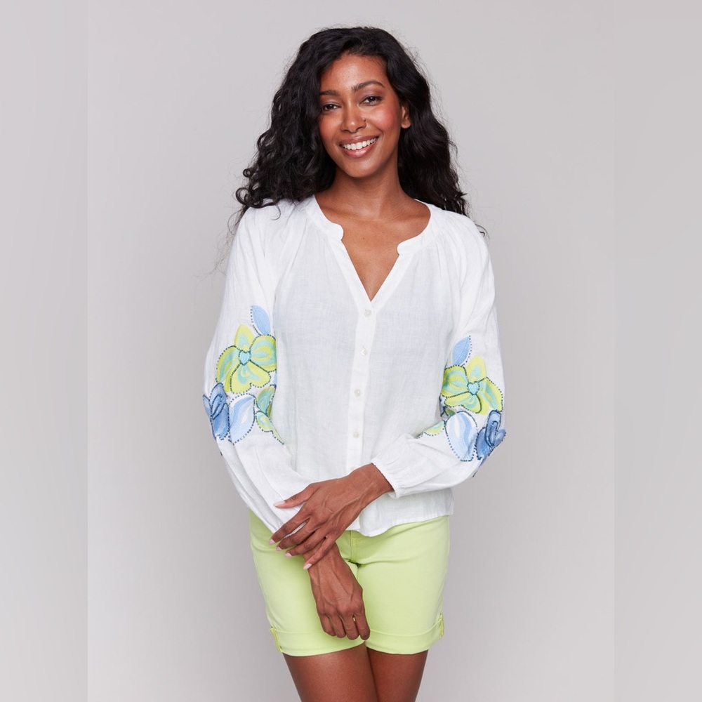 Charlie B Linen Blend Embroidered Detail Top
